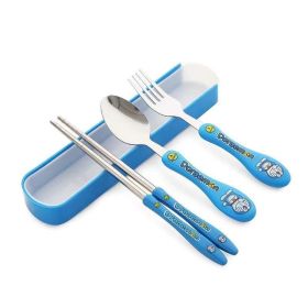 Children's three-piece cartoon cutlery stainless steel chopsticks spoon fork travel cutlery (Coor: blue)